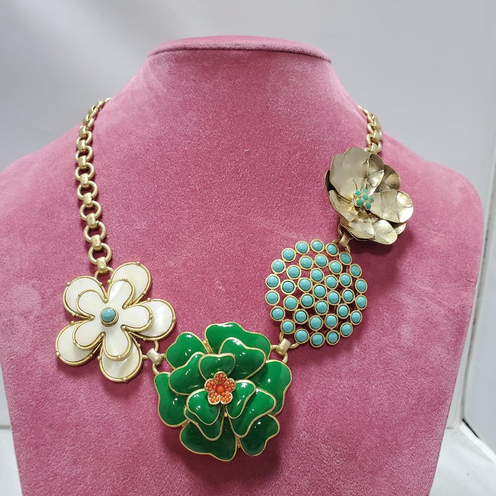 Stella & Dot gold chain necklace with green & ivory enamel and aqua ston…